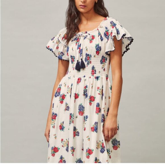 TORY BURCH  Printed Smocked Dress - Ivory Tea Rose - size small - Picture 2 of 2